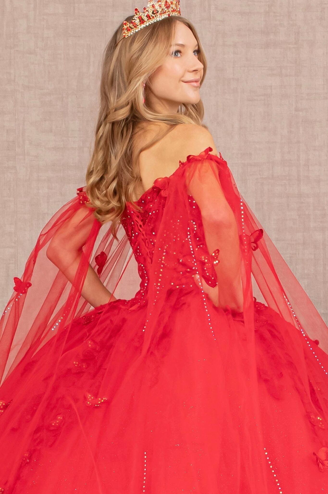 3D Butterfly Applique Glitter Quinceanera Gown w/ Long Mesh Layer GL3110 (GLS) by Elizabeth K