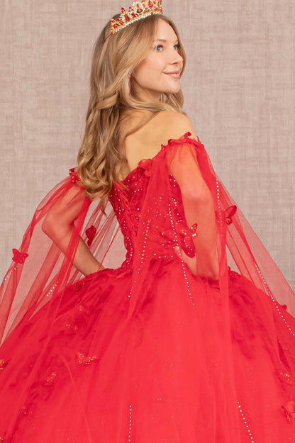 3D Butterfly Applique Glitter Quinceanera Gown w/ Long Mesh Layer GL3110 (GLS) by Elizabeth K