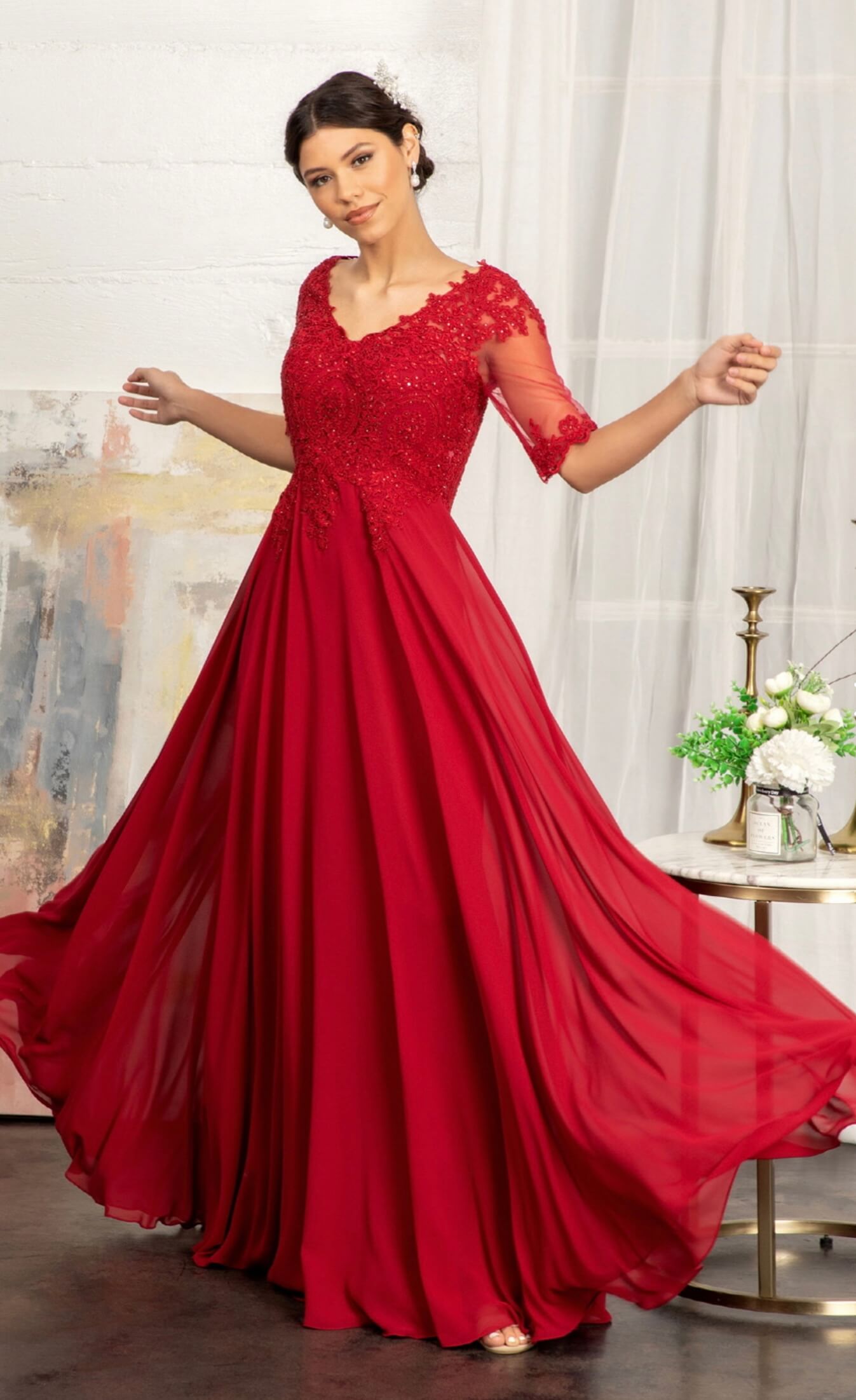Rhinestone and Embroidery Embellished Chiffon by Elizabeth K GL1982 (GLS COLLECTIVE)
