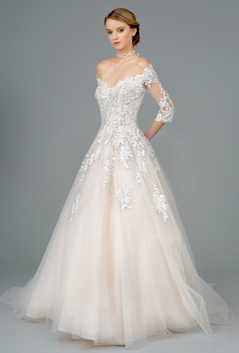 Embroidered Glitter Mesh V-Neck Wedding Gown w/ 1/2 Sleeve. GL1803 GLS BY GLORIA