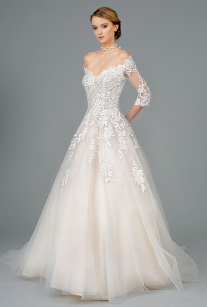 Embroidered Glitter Mesh V-Neck Wedding Gown w/ 1/2 Sleeve. GL1803 GLS BY GLORIA
