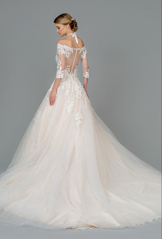 Embroidered Glitter Mesh V-Neck Wedding Gown w/ 1/2 Sleeve. GL1803 GLS BY GLORIA