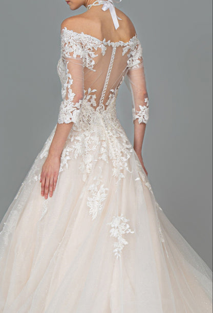 Embroidered Glitter Mesh V-Neck Wedding Gown w/ 1/2 Sleeve. GL1803 GLS BY GLORIA