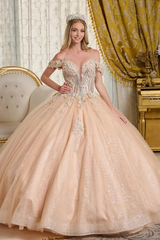 This elegant ball gown features a bejeweled corset bodice with a flattering V-neckline and off-the-shoulder straps. GL3630 GLS BY ELIZABETH K