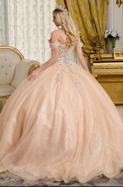 This elegant ball gown features a bejeweled corset bodice with a flattering V-neckline and off-the-shoulder straps. GL3630 GLS BY ELIZABETH K