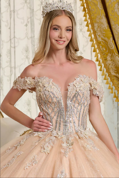 This elegant ball gown features a bejeweled corset bodice with a flattering V-neckline and off-the-shoulder straps. GL3630 GLS BY ELIZABETH K