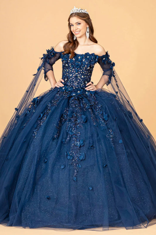 Off Shoulder Mesh Quinceanera Gown w/ Shoulder Side Mesh Drapes.  GL3075 GLS BY ELIZABETH K
