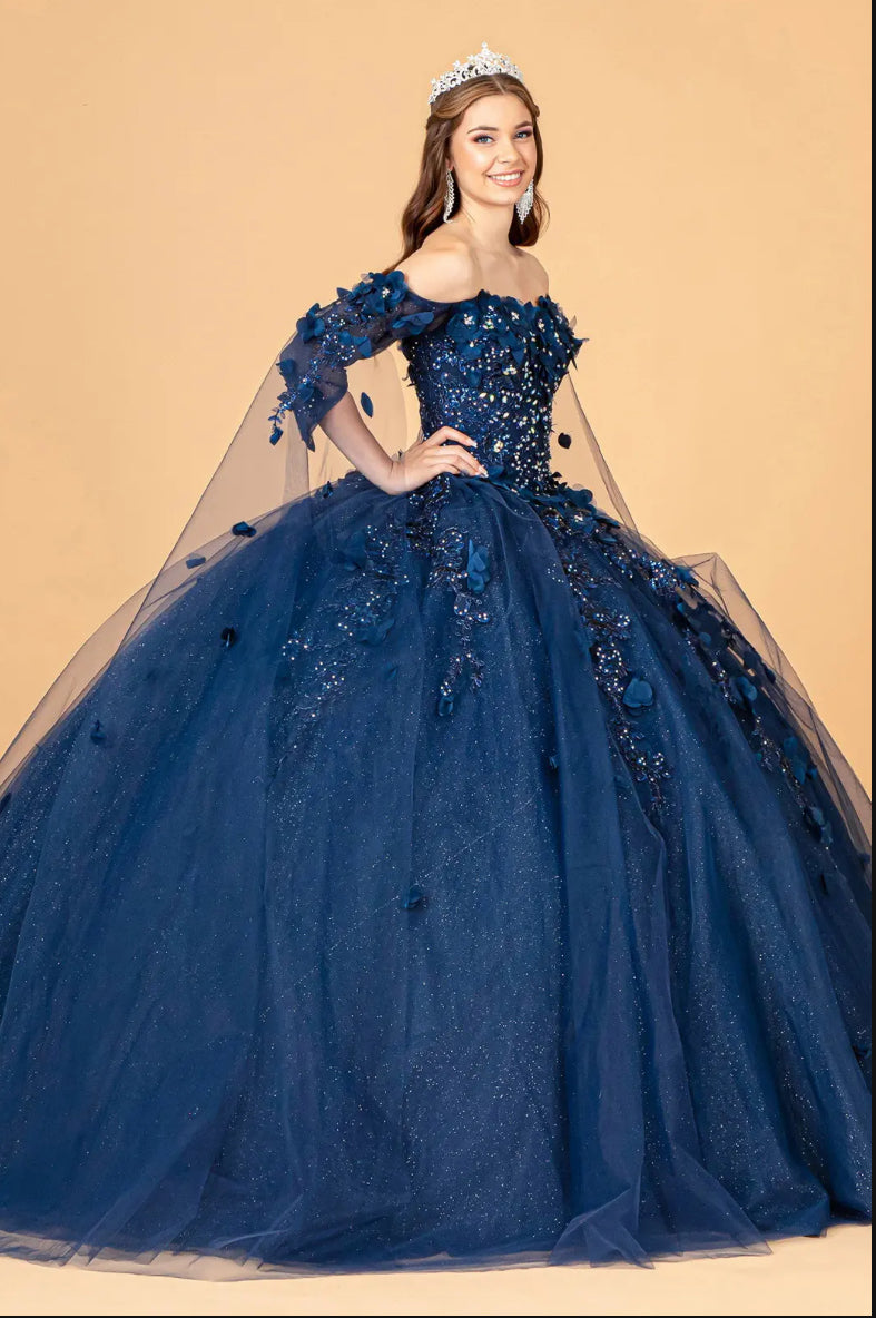 Off Shoulder Mesh Quinceanera Gown w/ Shoulder Side Mesh Drapes.  GL3075 GLS BY ELIZABETH K