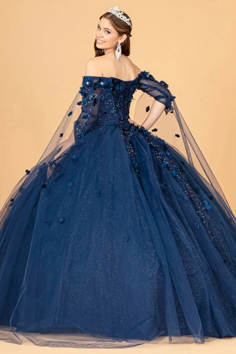 Off Shoulder Mesh Quinceanera Gown w/ Shoulder Side Mesh Drapes.  GL3075 GLS BY ELIZABETH K