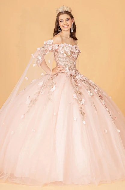 Off Shoulder Mesh Quinceanera Gown w/ Shoulder Side Mesh Drapes.  GL3075 GLS BY ELIZABETH K