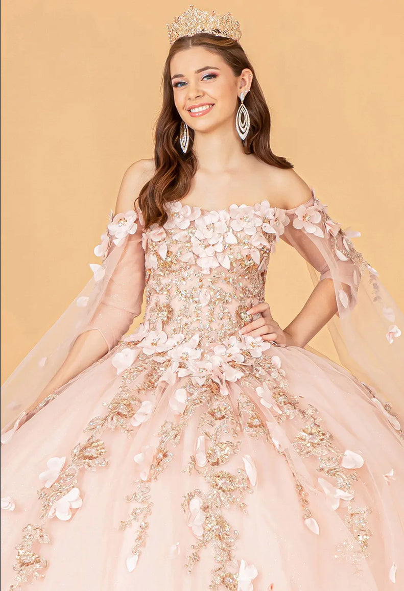 Off Shoulder Mesh Quinceanera Gown w/ Shoulder Side Mesh Drapes.  GL3075 GLS BY ELIZABETH K
