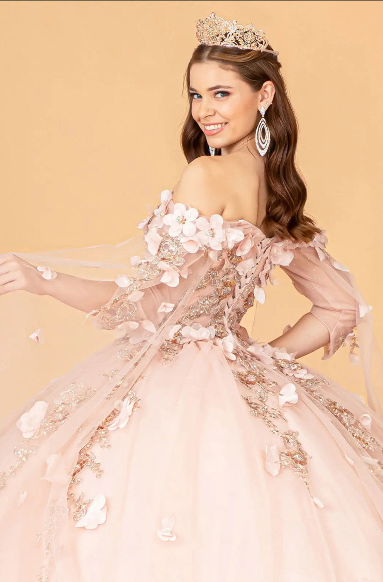 Off Shoulder Mesh Quinceanera Gown w/ Shoulder Side Mesh Drapes.  GL3075 GLS BY ELIZABETH K