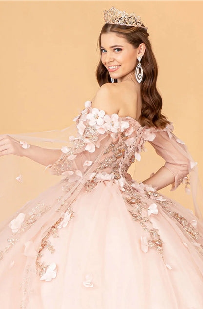 Off Shoulder Mesh Quinceanera Gown w/ Shoulder Side Mesh Drapes.  GL3075 GLS BY ELIZABETH K