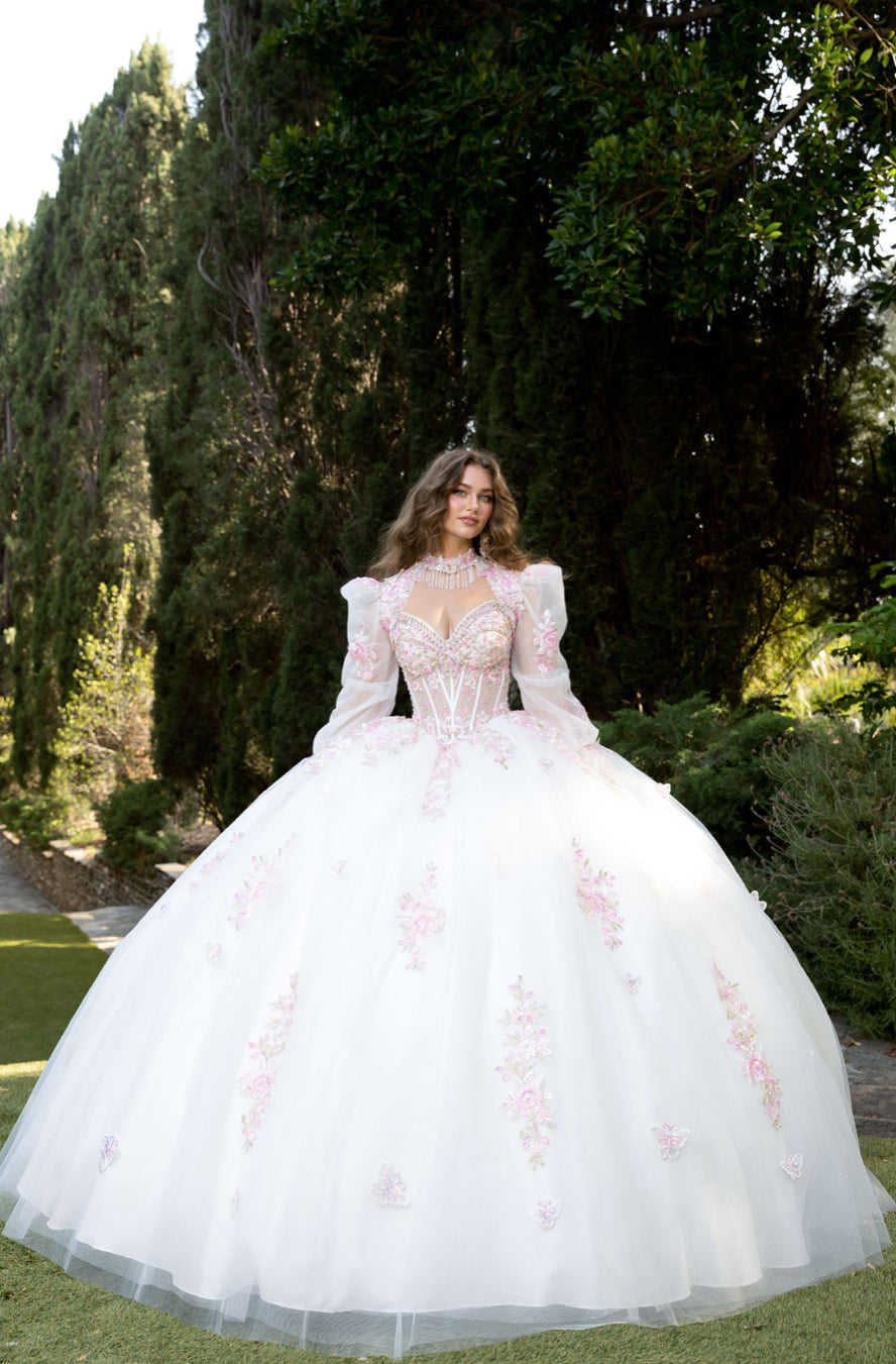 Butterflies, Flower Quince Dress with Bolero and Bow. PQ1093 BY BELLA COUTURE