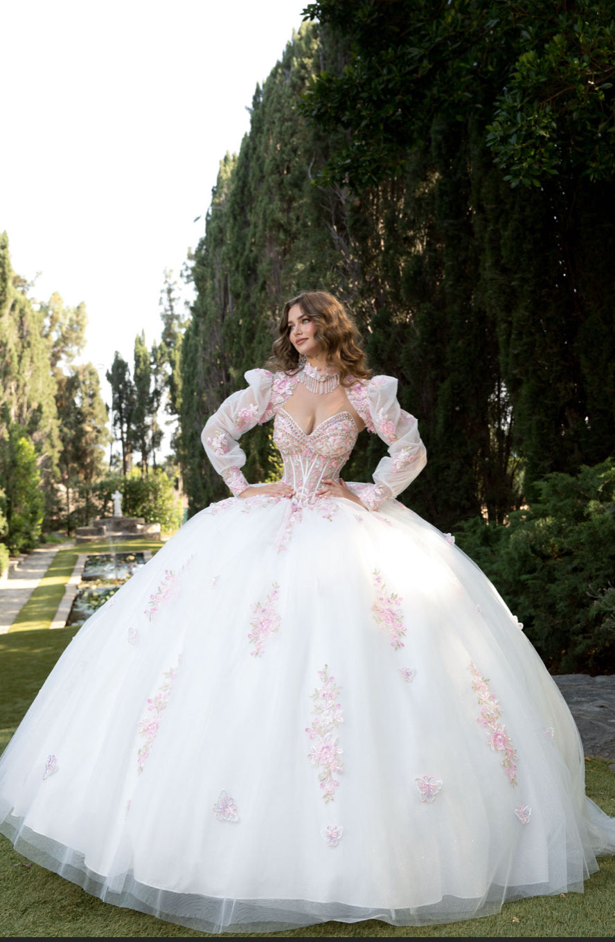 Butterflies, Flower Quince Dress with Bolero and Bow. PQ1093 BY BELLA COUTURE