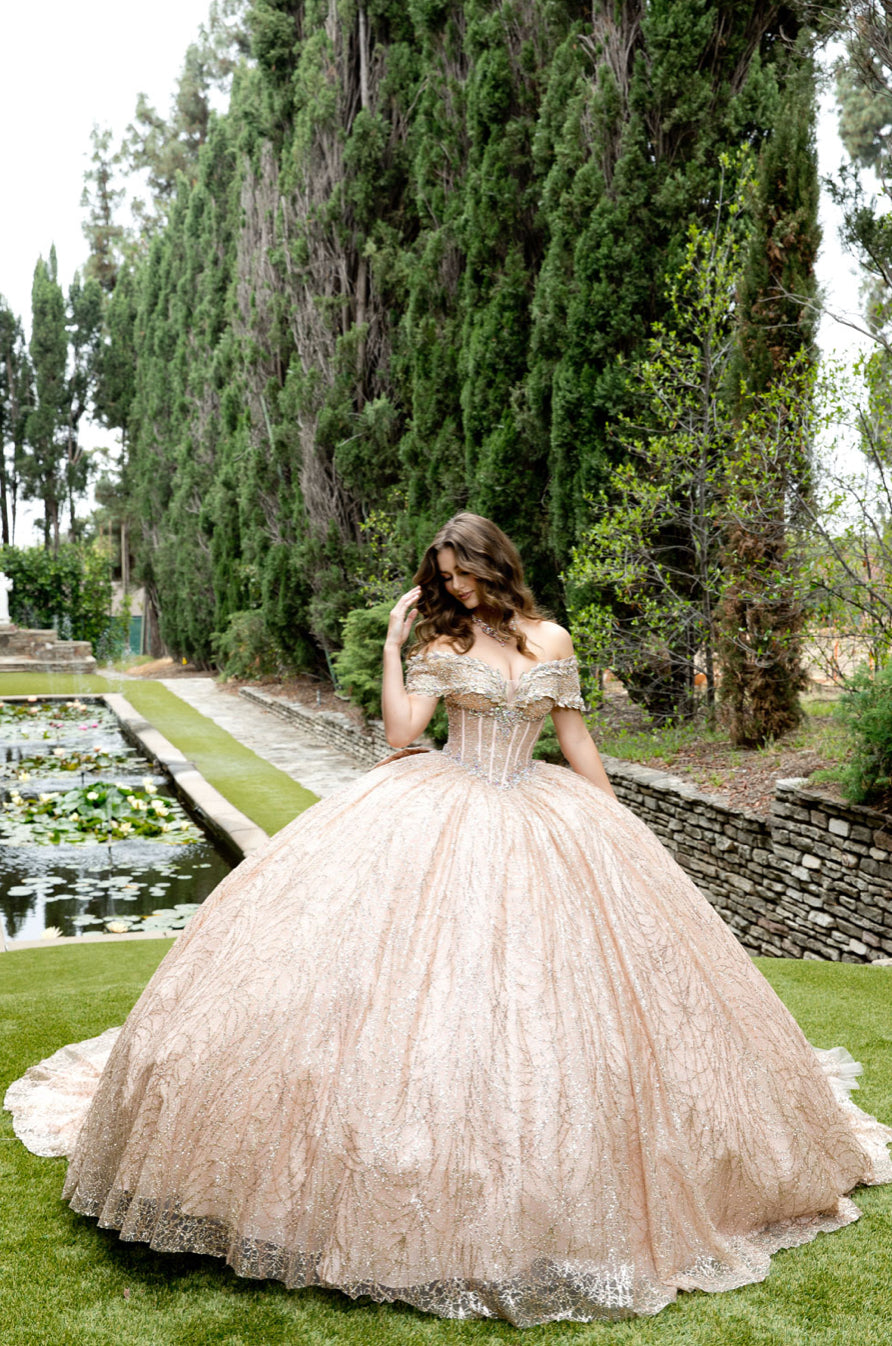 COMMING SOON!! Elegant See-Through Corset Glitter Quince Dress. PQ1087 BY BELLA COUTURE