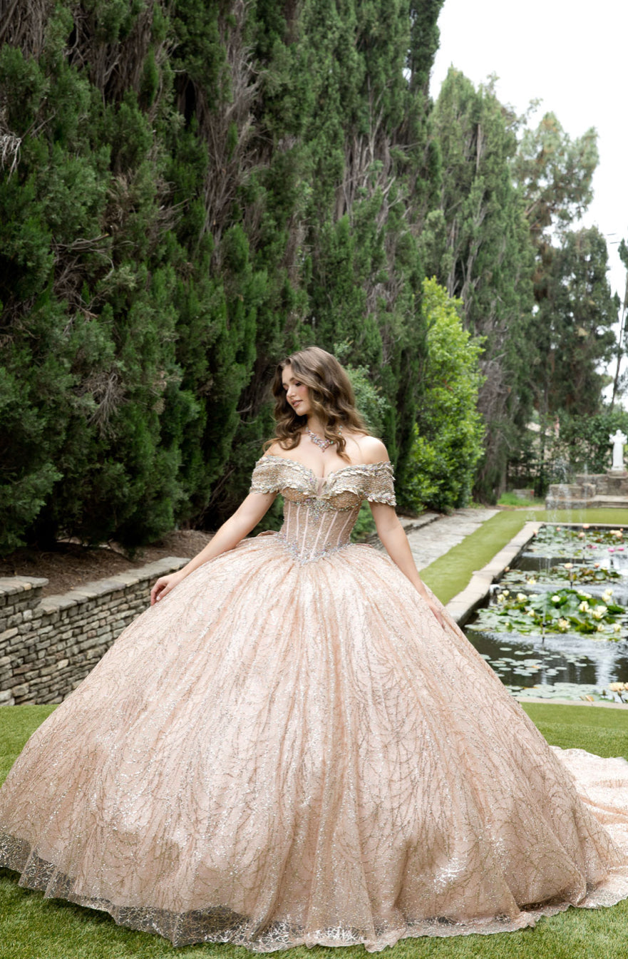 COMMING SOON!! Elegant See-Through Corset Glitter Quince Dress. PQ1087 BY BELLA COUTURE