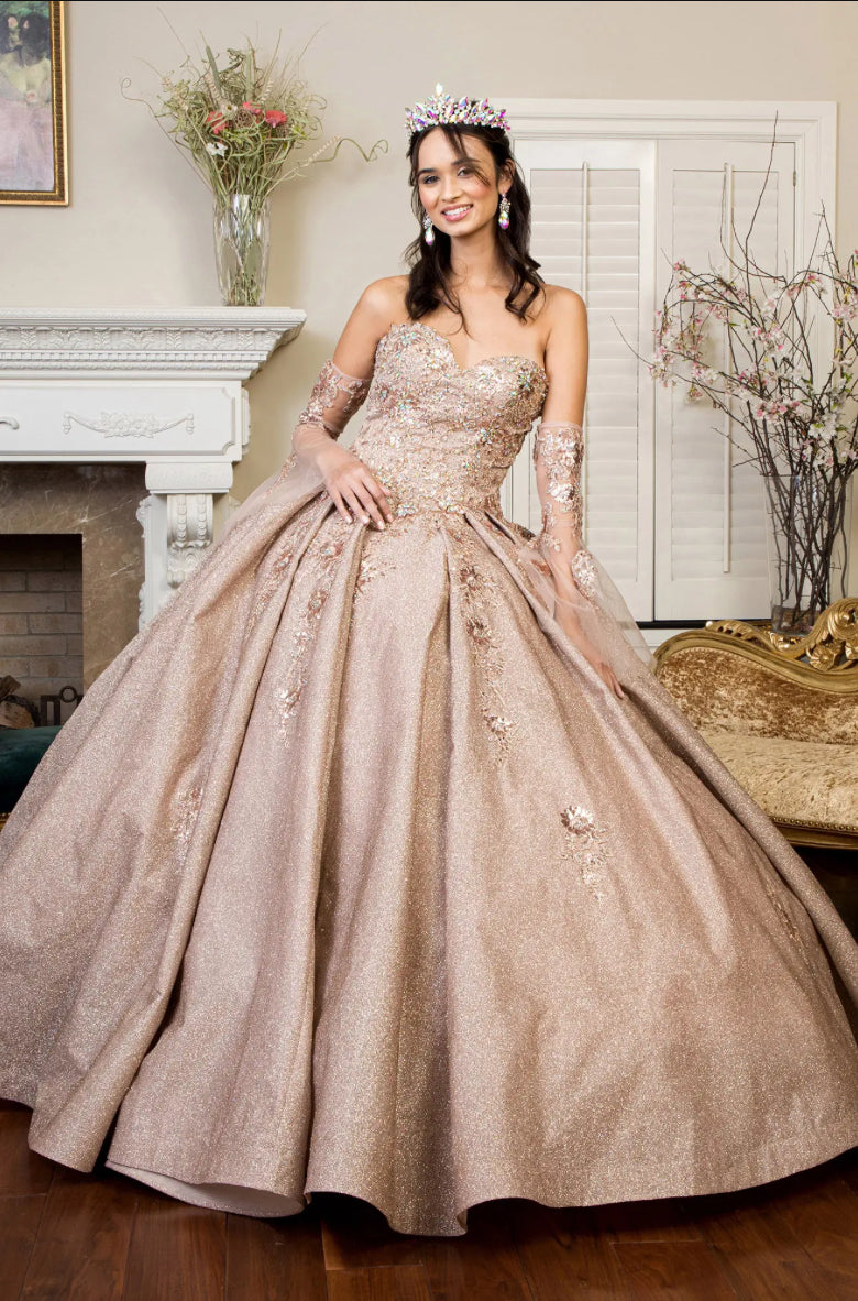 Sweethearted Ruffle Tail Quinceanera Dress w/ Detached Mesh Sleeve - Mask Not Included. GL1912 BY ELIZABETH K