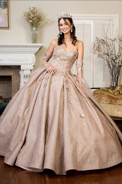 Sweethearted Ruffle Tail Quinceanera Dress w/ Detached Mesh Sleeve - Mask Not Included. GL1912 BY ELIZABETH K