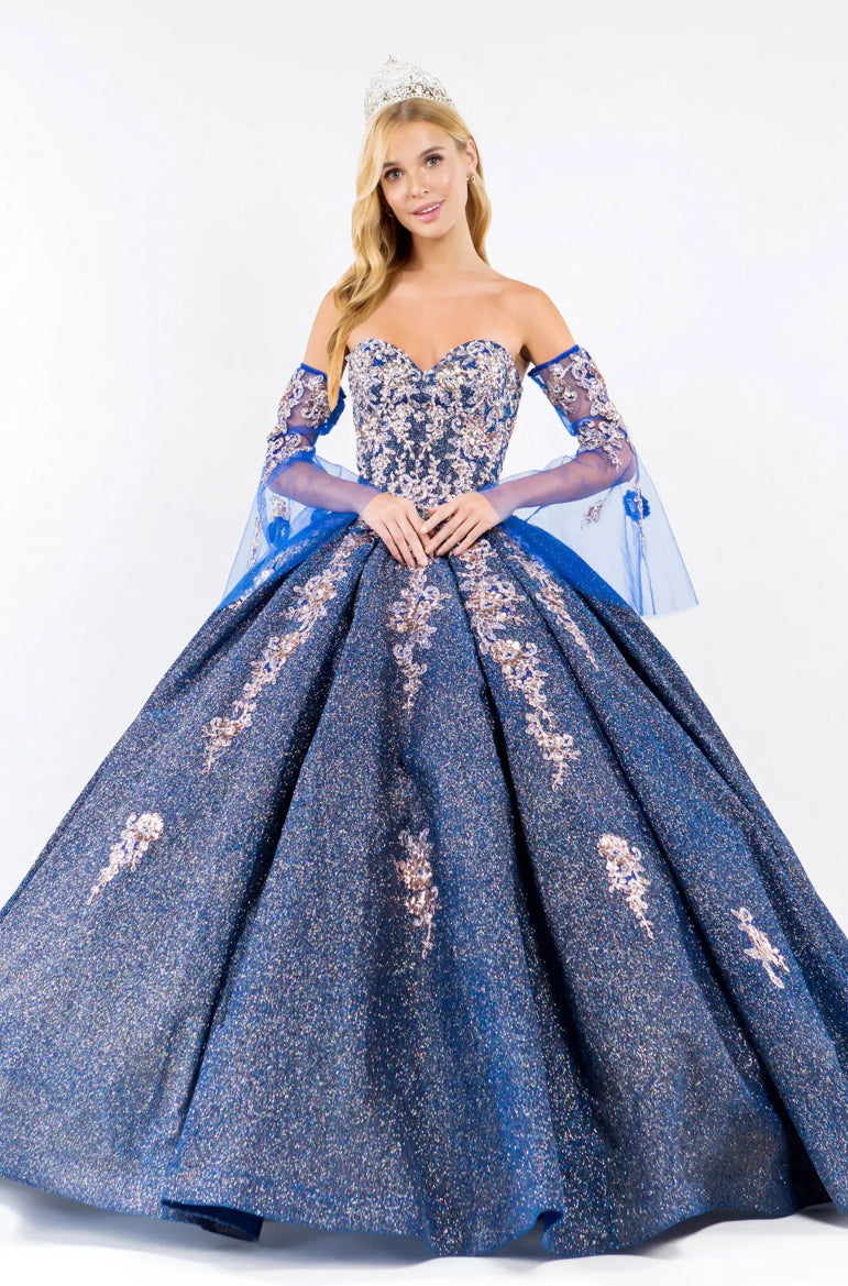 Sweethearted Ruffle Tail Quinceanera Dress w/ Detached Mesh Sleeve - Mask Not Included. GL1912 BY ELIZABETH K