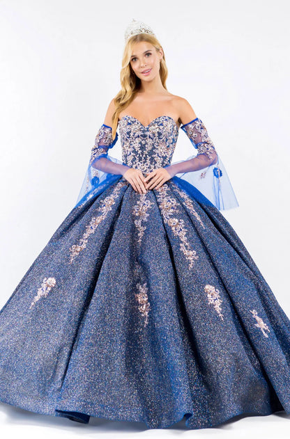 Sweethearted Ruffle Tail Quinceanera Dress w/ Detached Mesh Sleeve - Mask Not Included. GL1912 BY ELIZABETH K
