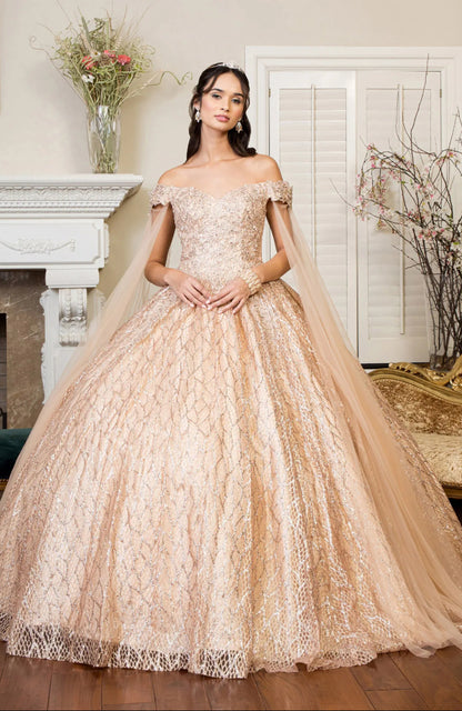 Cut-Away Shoulder Sweethearted Glitter Mesh Quinceanera Dress. Gl1926 by ELIZABETH K