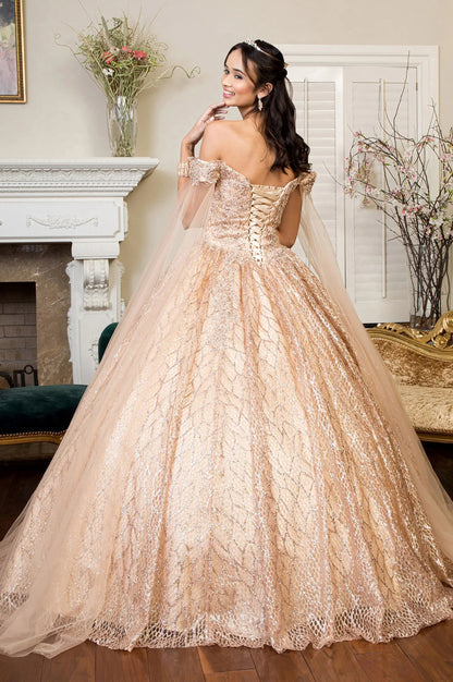 Cut-Away Shoulder Sweethearted Glitter Mesh Quinceanera Dress. Gl1926 by ELIZABETH K