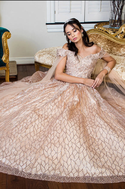 Cut-Away Shoulder Sweethearted Glitter Mesh Quinceanera Dress. Gl1926 by ELIZABETH K
