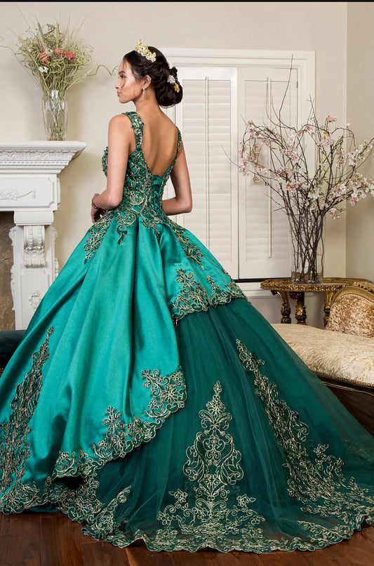 Embroidered Mesh Strap Satin Quinceanera Dress w/ Mesh Tail. GL1930 BY ELIZABETH K