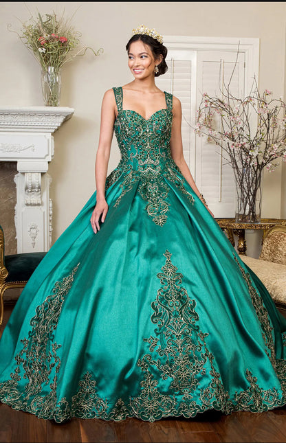 Embroidered Mesh Strap Satin Quinceanera Dress w/ Mesh Tail. GL1930 BY ELIZABETH K