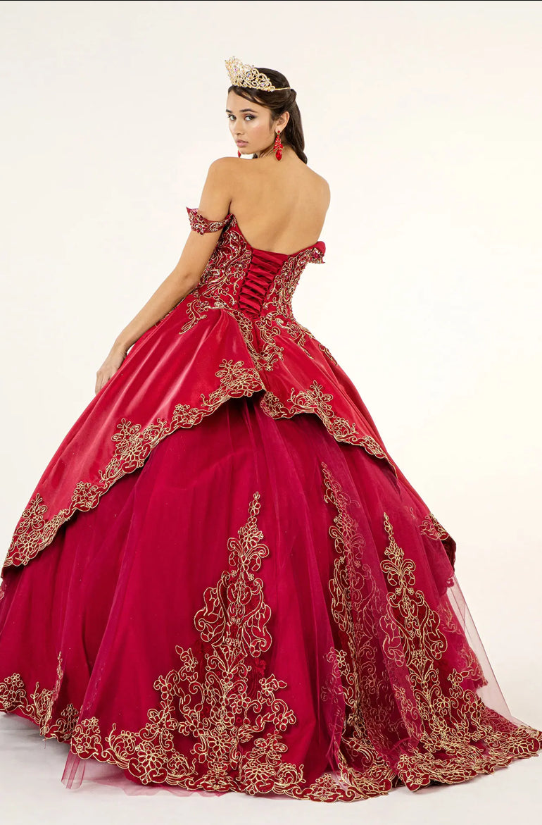 Embroidered Mesh Strap Satin Quinceanera Dress w/ Mesh Tail. GL1930 BY ELIZABETH K
