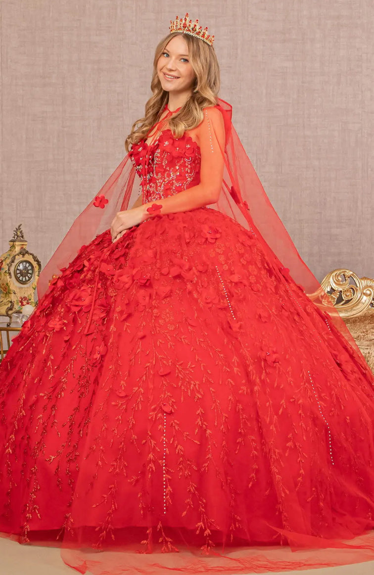 Sweetheart Neckline Beads and Jewel Embellished Bodice Quinceanera Dress w/ Mesh Cape. Gl1939 by ELIZABETH K