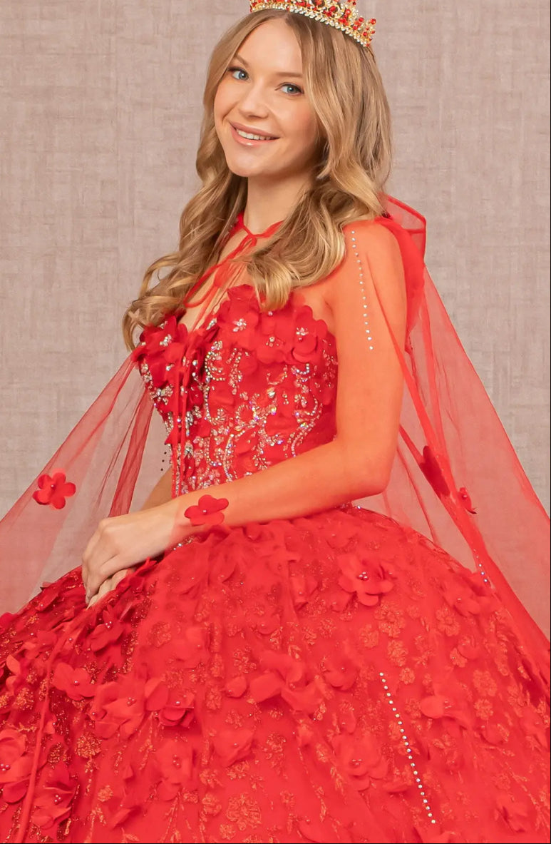 Sweetheart Neckline Beads and Jewel Embellished Bodice Quinceanera Dress w/ Mesh Cape. Gl1939 by ELIZABETH K
