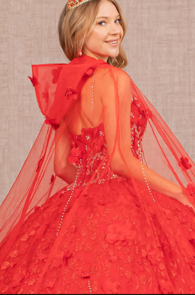 Sweetheart Neckline Beads and Jewel Embellished Bodice Quinceanera Dress w/ Mesh Cape. Gl1939 by ELIZABETH K