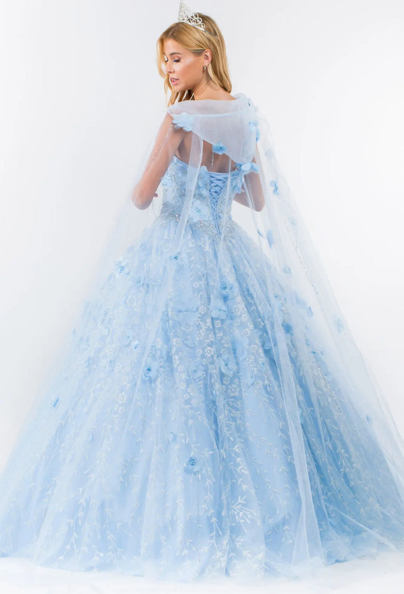 Sweetheart Neckline Beads and Jewel Embellished Bodice Quinceanera Dress w/ Mesh Cape. Gl1939 by ELIZABETH K