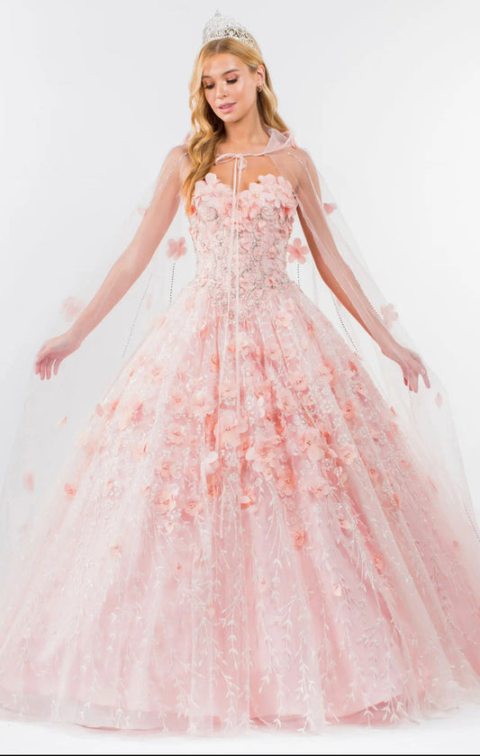 Sweetheart Neckline Beads and Jewel Embellished Bodice Quinceanera Dress w/ Mesh Cape. Gl1939 by ELIZABETH K