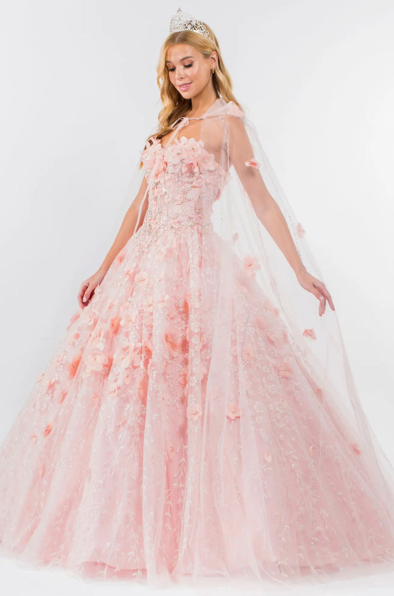 Sweetheart Neckline Beads and Jewel Embellished Bodice Quinceanera Dress w/ Mesh Cape. Gl1939 by ELIZABETH K
