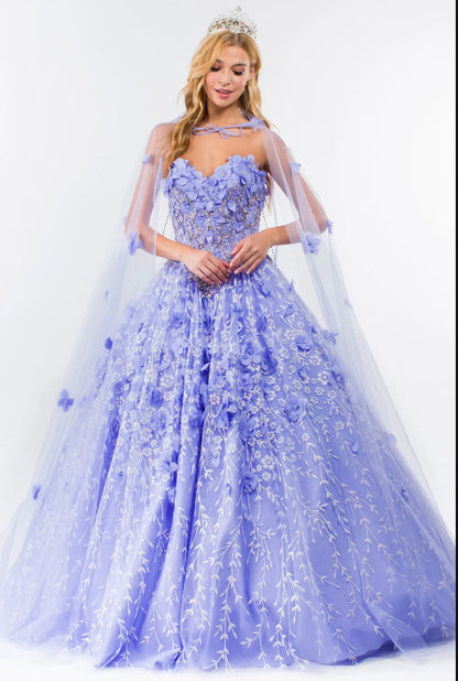 Sweetheart Neckline Beads and Jewel Embellished Bodice Quinceanera Dress w/ Mesh Cape. Gl1939 by ELIZABETH K