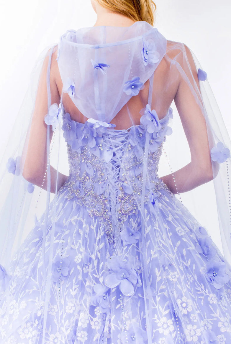 Sweetheart Neckline Beads and Jewel Embellished Bodice Quinceanera Dress w/ Mesh Cape. Gl1939 by ELIZABETH K