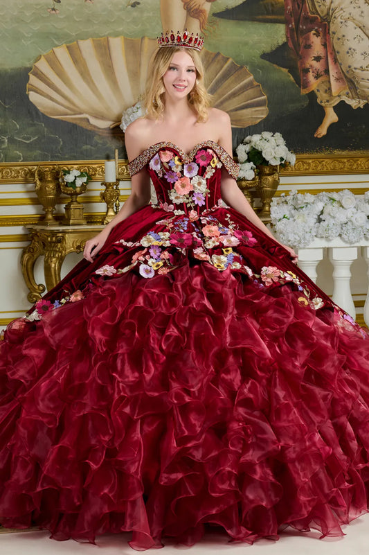 The velvet bodice of this ball gown is framed by off-shoulder straps. GL3638 BY ELIZABERTH K