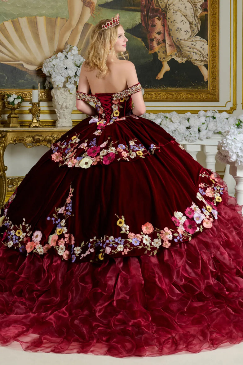 The velvet bodice of this ball gown is framed by off-shoulder straps. GL3638 BY ELIZABERTH K