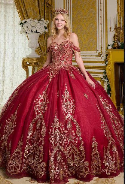 This ball gown has a combination of bejeweled spaghetti straps and ornate off-shoulder straps. GL3639 BY ELIZABETH K
