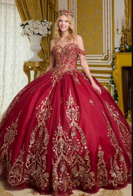 This ball gown has a combination of bejeweled spaghetti straps and ornate off-shoulder straps. GL3639 BY ELIZABETH K