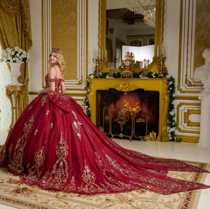 This ball gown has a combination of bejeweled spaghetti straps and ornate off-shoulder straps. GL3639 BY ELIZABETH K