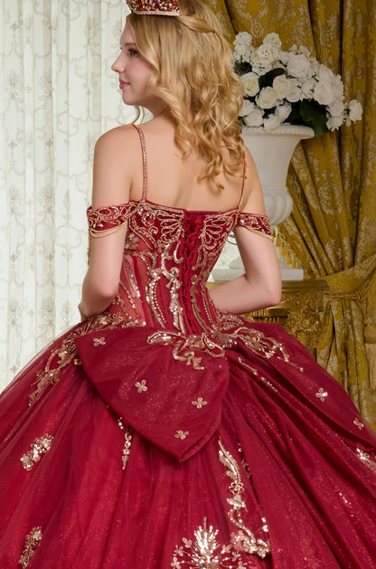 This ball gown has a combination of bejeweled spaghetti straps and ornate off-shoulder straps. GL3639 BY ELIZABETH K