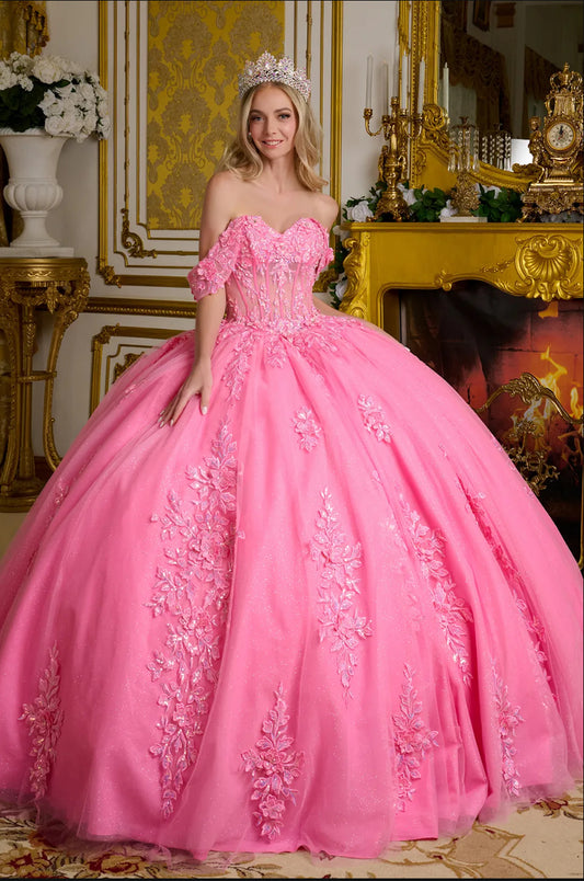 This ball gown features off-the-shoulder straps seamlessly connected to a V-neckline sheer corset bodice. GL3635 BY ELIZABETH