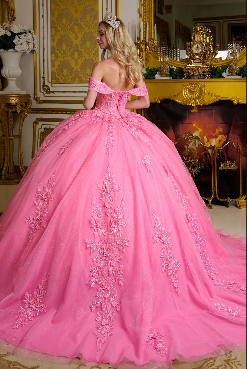 This ball gown features off-the-shoulder straps seamlessly connected to a V-neckline sheer corset bodice. GL3635 BY ELIZABETH