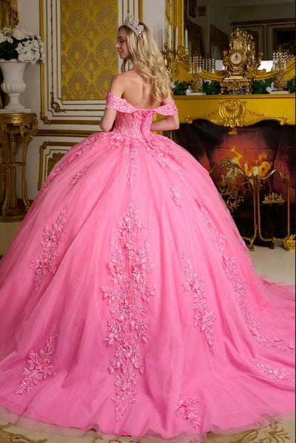 This ball gown features off-the-shoulder straps seamlessly connected to a V-neckline sheer corset bodice. GL3635 BY ELIZABETH