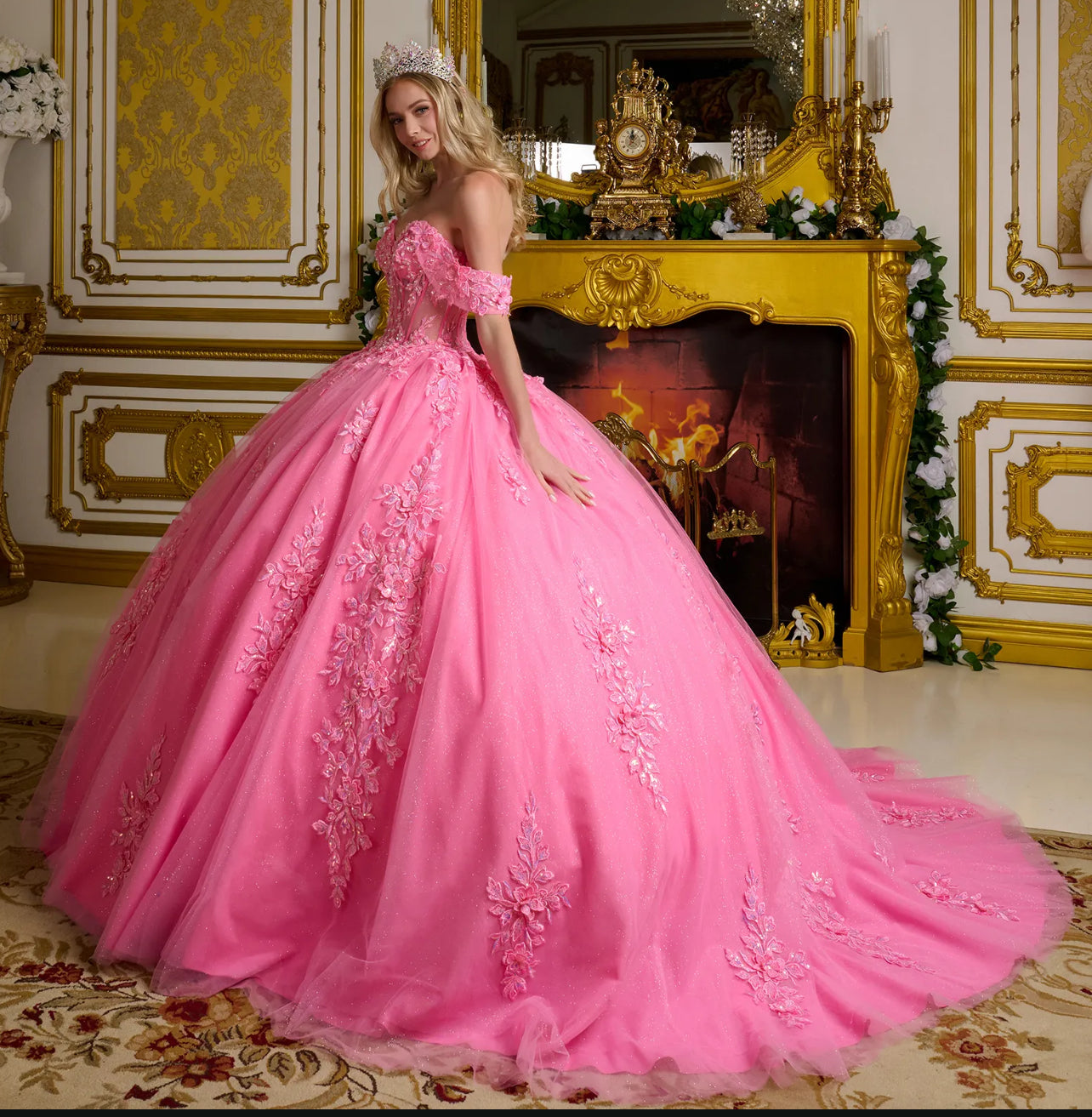 This ball gown features off-the-shoulder straps seamlessly connected to a V-neckline sheer corset bodice. GL3635 BY ELIZABETH