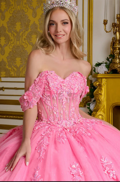 This ball gown features off-the-shoulder straps seamlessly connected to a V-neckline sheer corset bodice. GL3635 BY ELIZABETH